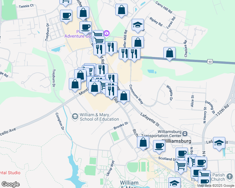 map of restaurants, bars, coffee shops, grocery stores, and more near 106 Westover Avenue in Williamsburg