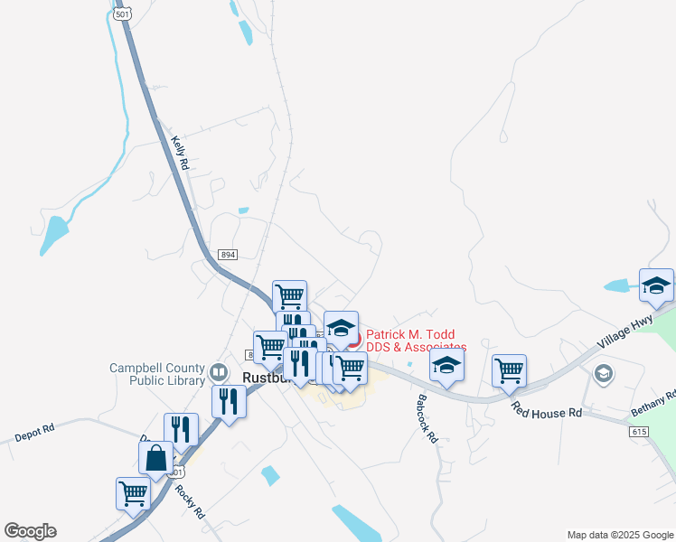 map of restaurants, bars, coffee shops, grocery stores, and more near 77 Red Bird Lane in Rustburg
