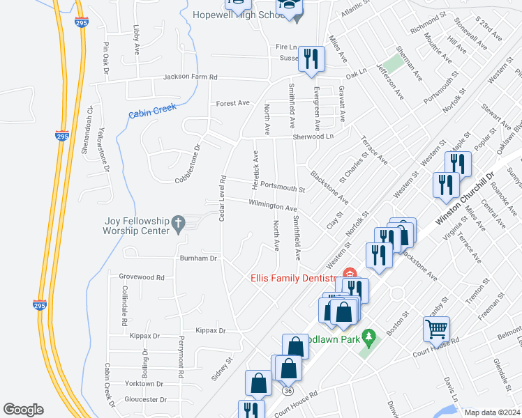 map of restaurants, bars, coffee shops, grocery stores, and more near 3504 Wilmington Avenue in Hopewell