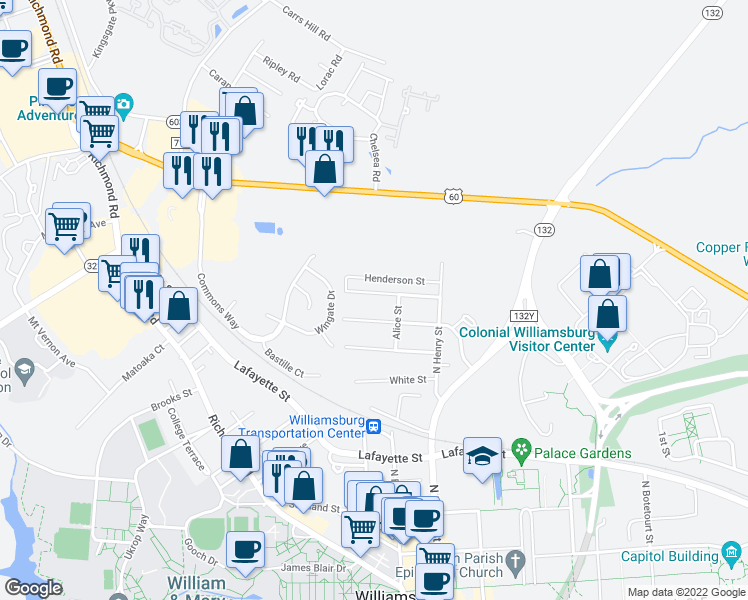 map of restaurants, bars, coffee shops, grocery stores, and more near 510 Roycroft Street in Williamsburg