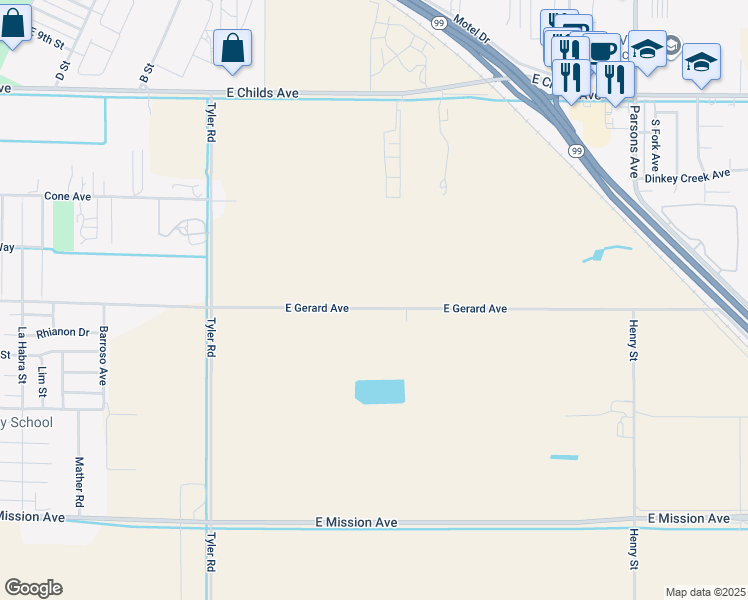 map of restaurants, bars, coffee shops, grocery stores, and more near 1081 East Gerard Avenue in Merced