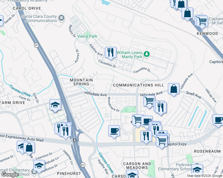 map of restaurants, bars, coffee shops, grocery stores, and more near 495 Whitechapel Avenue in San Jose