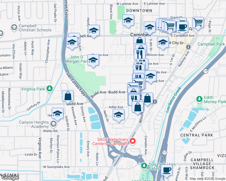 map of restaurants, bars, coffee shops, grocery stores, and more near 229 Budd Avenue in Campbell