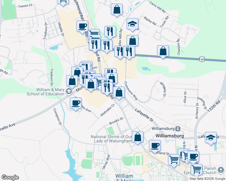 map of restaurants, bars, coffee shops, grocery stores, and more near 110 Westover Avenue in Williamsburg