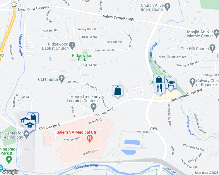 map of restaurants, bars, coffee shops, grocery stores, and more near 848 Gatling Lane Northwest in Roanoke