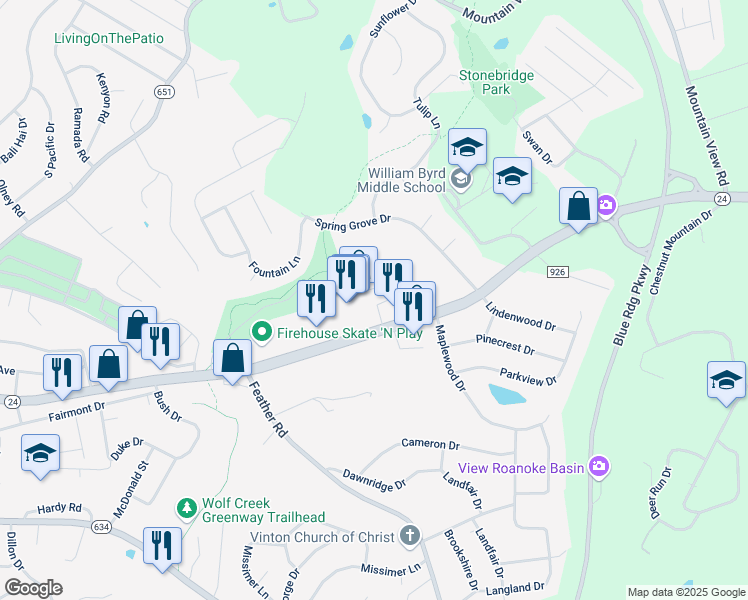 map of restaurants, bars, coffee shops, grocery stores, and more near 101 Cottonwood Terrace in Vinton