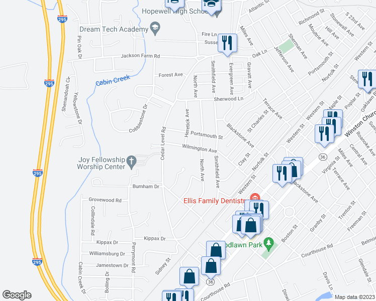 map of restaurants, bars, coffee shops, grocery stores, and more near 3506 Wilmington Avenue in Hopewell