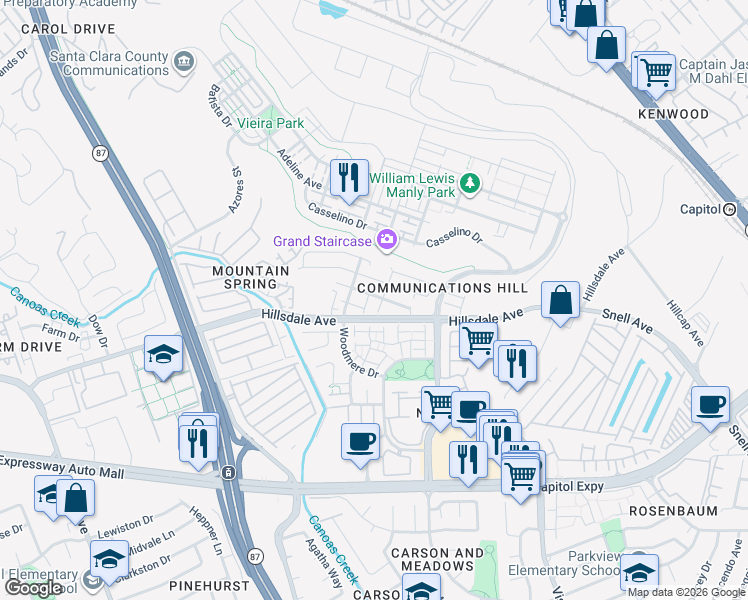 map of restaurants, bars, coffee shops, grocery stores, and more near 416 Tower Hill Avenue in San Jose