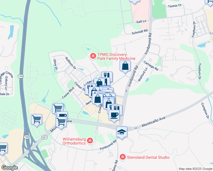 map of restaurants, bars, coffee shops, grocery stores, and more near 4345 New Town Avenue in Williamsburg