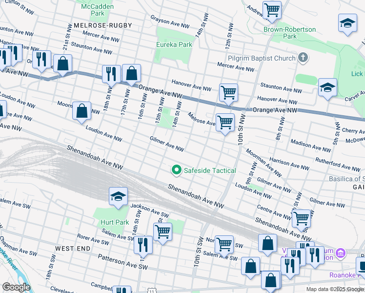 map of restaurants, bars, coffee shops, grocery stores, and more near 1305 Gilmer Avenue Northwest in Roanoke