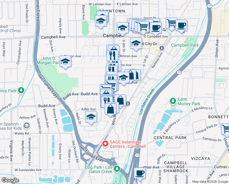 map of restaurants, bars, coffee shops, grocery stores, and more near 2336 Winchester Boulevard in Campbell