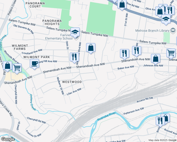 map of restaurants, bars, coffee shops, grocery stores, and more near 3421 Signal Hill Avenue Northwest in Roanoke