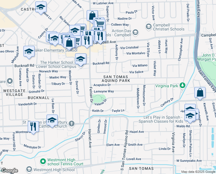 map of restaurants, bars, coffee shops, grocery stores, and more near 4072 Acapulco Dr in Campbell