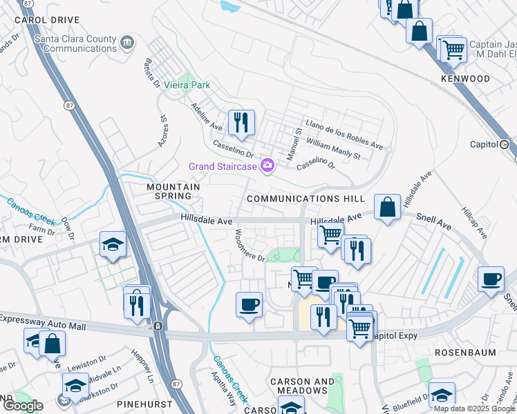 map of restaurants, bars, coffee shops, grocery stores, and more near 416 Tower Hill Avenue in San Jose