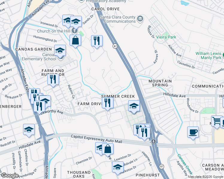 map of restaurants, bars, coffee shops, grocery stores, and more near 719 Portofino Place in San Jose