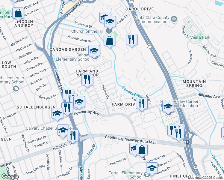 map of restaurants, bars, coffee shops, grocery stores, and more near 3130 Rubino Drive in San Jose