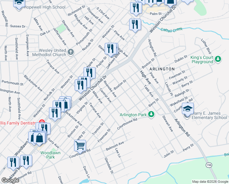 map of restaurants, bars, coffee shops, grocery stores, and more near 2805 Granby Street in Hopewell