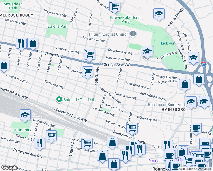 map of restaurants, bars, coffee shops, grocery stores, and more near 830 Rutherford Ave NW in Roanoke