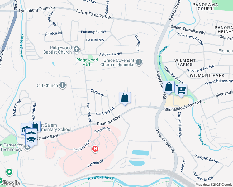 map of restaurants, bars, coffee shops, grocery stores, and more near 848 Gatling Lane Northwest in Roanoke