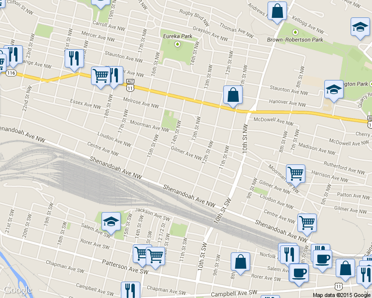 map of restaurants, bars, coffee shops, grocery stores, and more near 1305 Gilmer Avenue Northwest in Roanoke