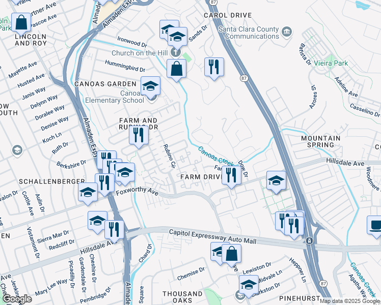 map of restaurants, bars, coffee shops, grocery stores, and more near 3140 Rubino Drive in San Jose