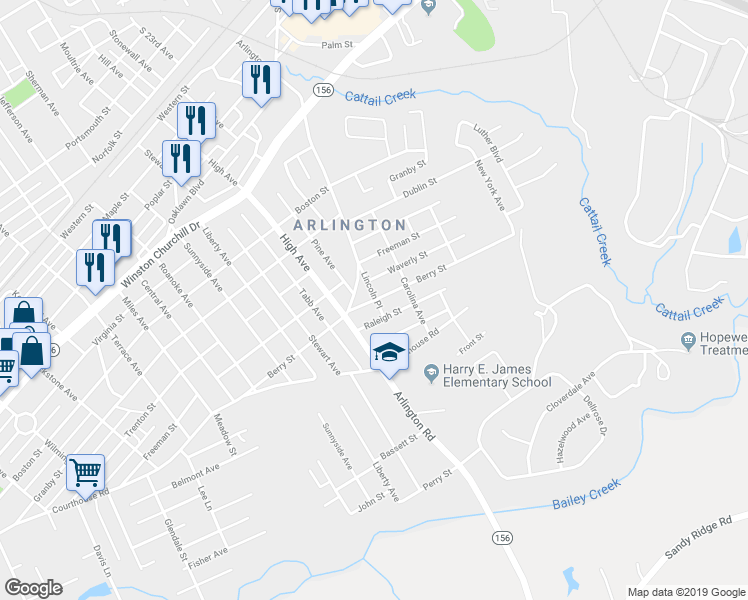map of restaurants, bars, coffee shops, grocery stores, and more near 2507 Berry Street in Hopewell