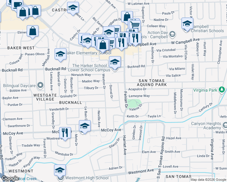 map of restaurants, bars, coffee shops, grocery stores, and more near 2272 Dorval Drive in San Jose