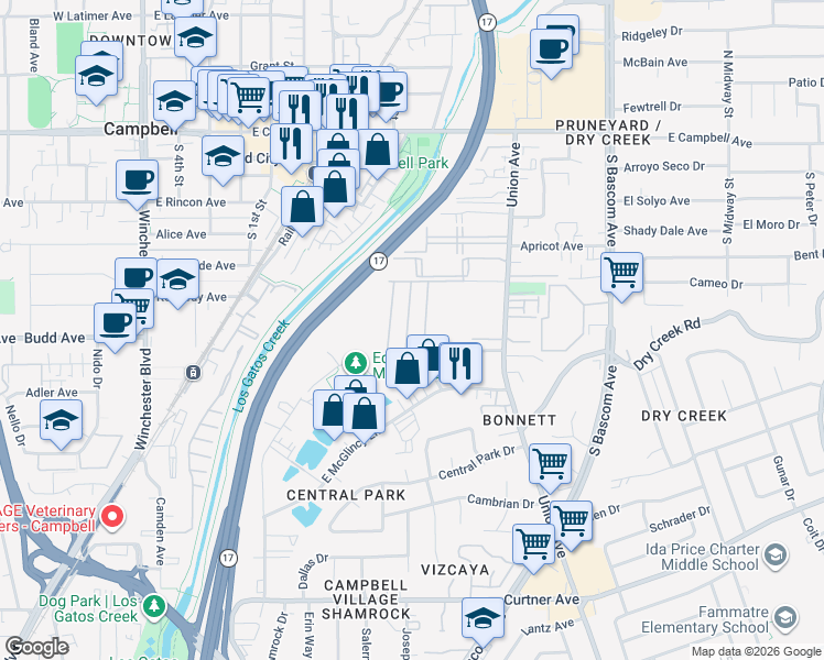map of restaurants, bars, coffee shops, grocery stores, and more near 63 Palomar Real in Campbell