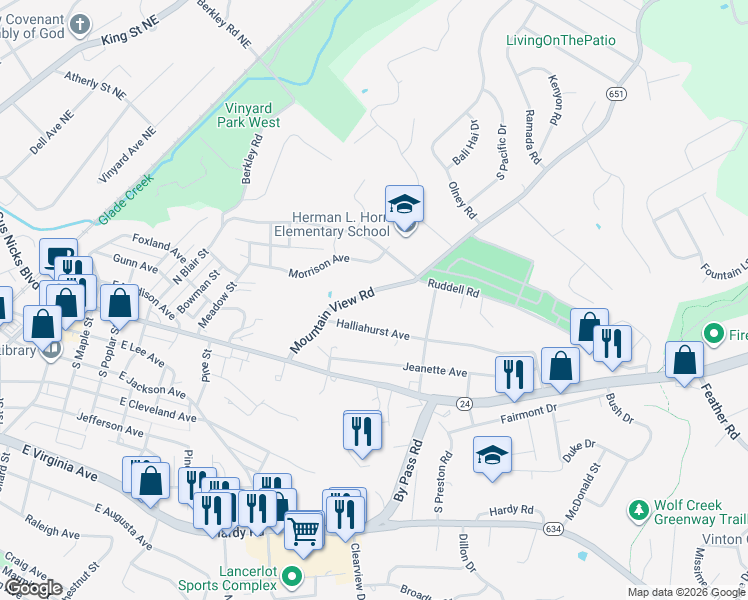 map of restaurants, bars, coffee shops, grocery stores, and more near 1125 Mountain View Rd in Vinton