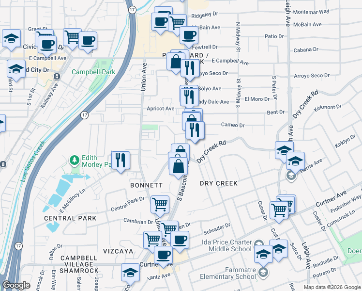 map of restaurants, bars, coffee shops, grocery stores, and more near 2315 South Bascom Avenue in Campbell