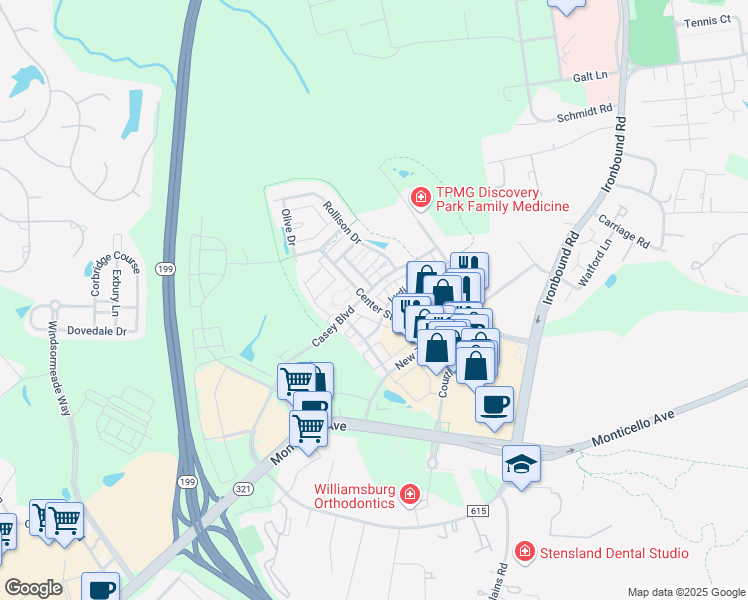 map of restaurants, bars, coffee shops, grocery stores, and more near 5328 Center Street in Williamsburg