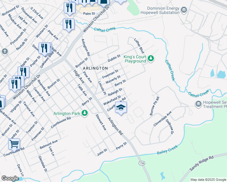 map of restaurants, bars, coffee shops, grocery stores, and more near 2313 Raleigh Street in Hopewell