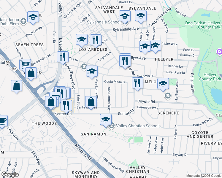 map of restaurants, bars, coffee shops, grocery stores, and more near 4092 San Ramon Way in San Jose