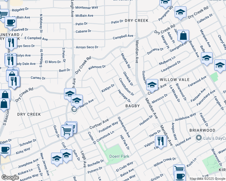 map of restaurants, bars, coffee shops, grocery stores, and more near 2309 Walden Square in San Jose