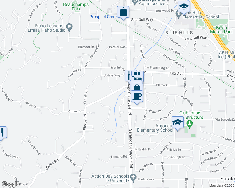 map of restaurants, bars, coffee shops, grocery stores, and more near 12866 Pierce Road in Saratoga