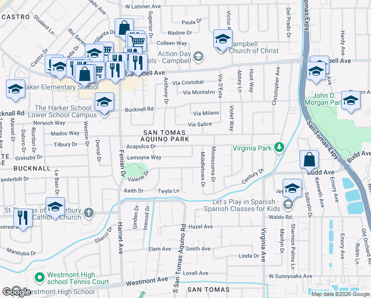 map of restaurants, bars, coffee shops, grocery stores, and more near 3962 Acapulco Drive in Campbell