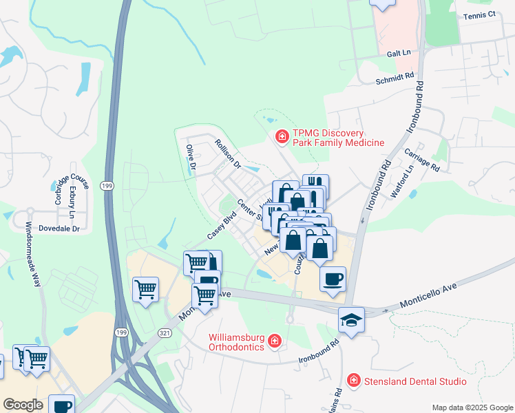 map of restaurants, bars, coffee shops, grocery stores, and more near 4407 Lydias Drive in Williamsburg