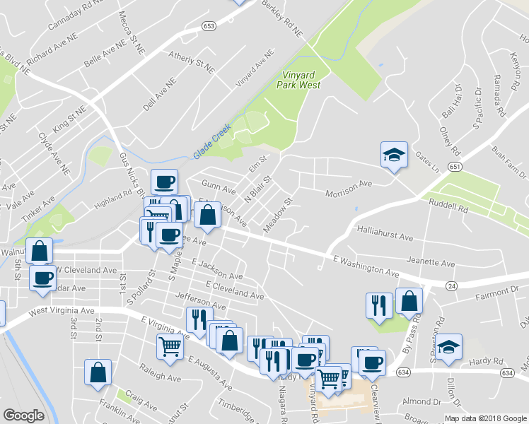 map of restaurants, bars, coffee shops, grocery stores, and more near 236 Bowman St in Vinton