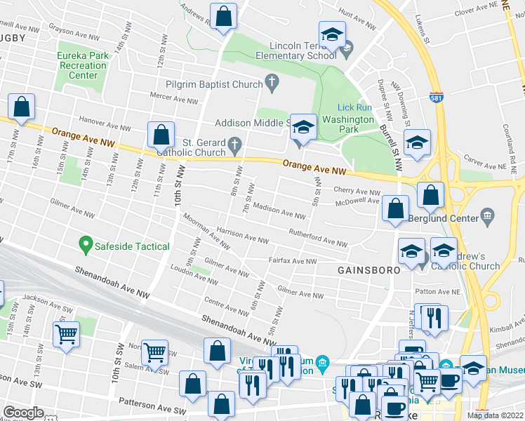 map of restaurants, bars, coffee shops, grocery stores, and more near 612 Madison Avenue Northwest in Roanoke