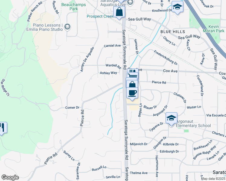 map of restaurants, bars, coffee shops, grocery stores, and more near 12866 Pierce Road in Saratoga