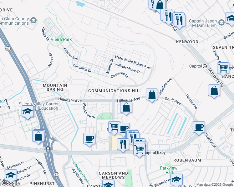 map of restaurants, bars, coffee shops, grocery stores, and more near 3415 Vittoria Place in San Jose