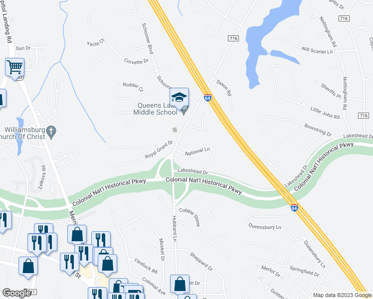 map of restaurants, bars, coffee shops, grocery stores, and more near 102 National Lane in Williamsburg