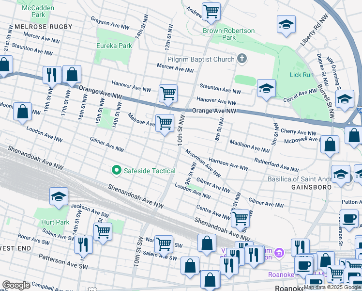 map of restaurants, bars, coffee shops, grocery stores, and more near 999 Moorman Ave NW in Roanoke