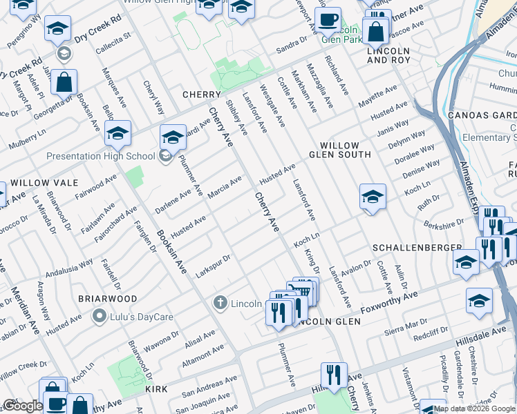map of restaurants, bars, coffee shops, grocery stores, and more near 1453 Cherry Garden Lane in San Jose