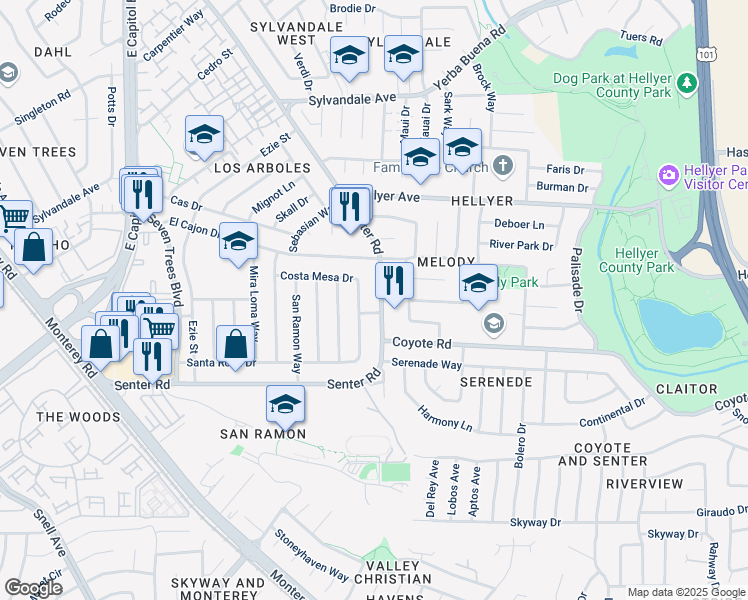map of restaurants, bars, coffee shops, grocery stores, and more near 4219 Senter Road in San Jose