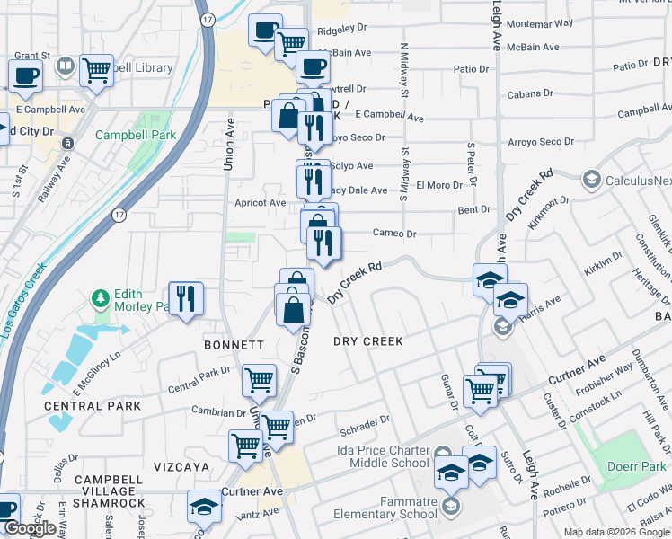 map of restaurants, bars, coffee shops, grocery stores, and more near 2267 Dry Creek Court in San Jose