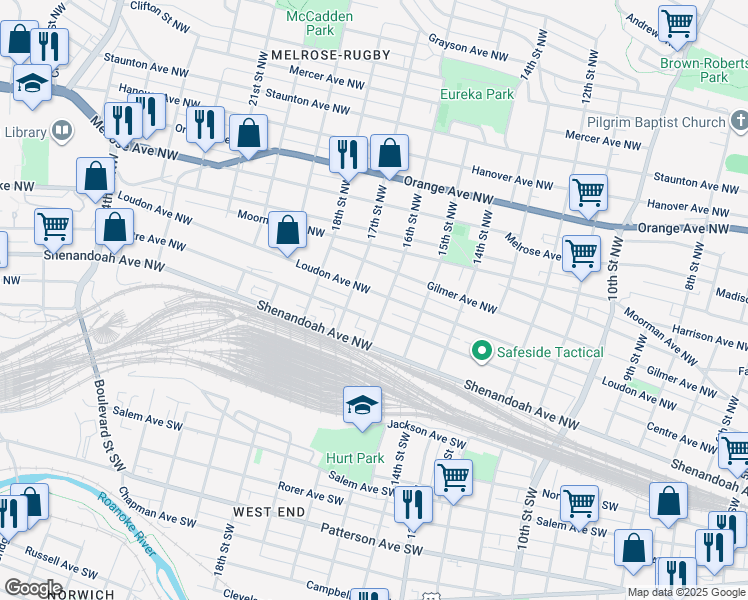 map of restaurants, bars, coffee shops, grocery stores, and more near 1612 Loudon Avenue Northwest in Roanoke
