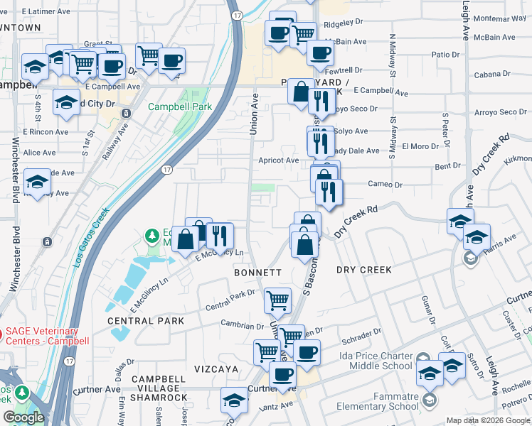 map of restaurants, bars, coffee shops, grocery stores, and more near 386 Union Avenue in Campbell