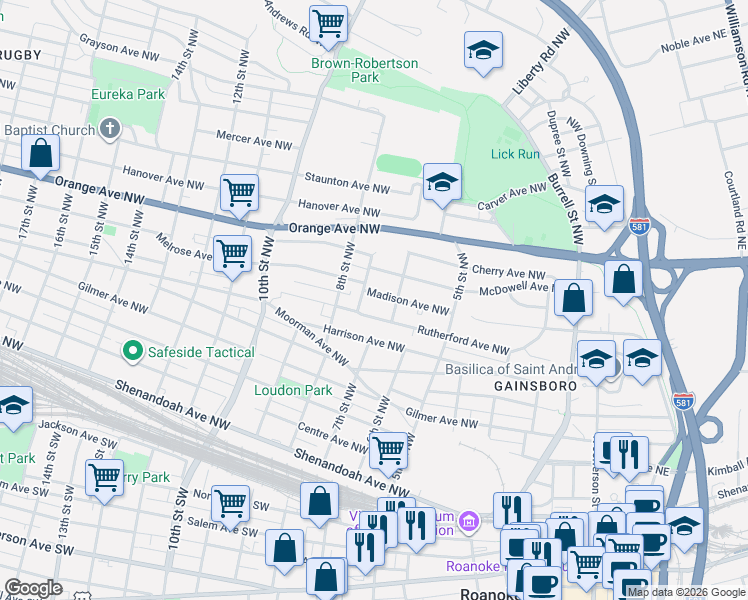 map of restaurants, bars, coffee shops, grocery stores, and more near 620 Madison Avenue Northwest in Roanoke