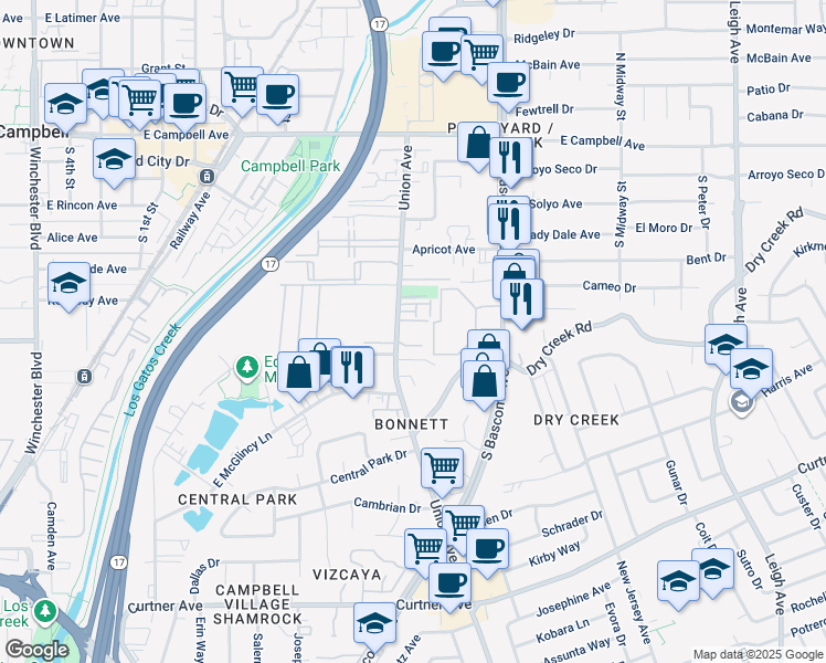 map of restaurants, bars, coffee shops, grocery stores, and more near 384 Union Avenue in Campbell
